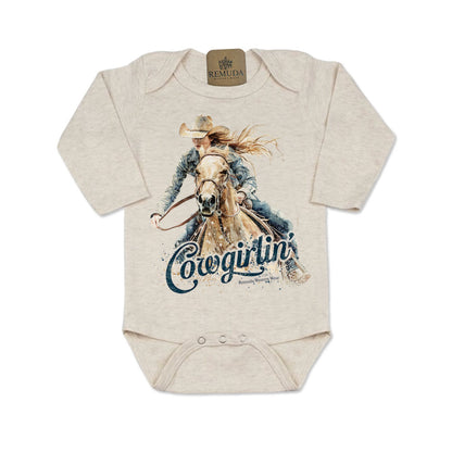Cowgirlin' Infant Western One Piece Long Sleeve Romper Oatmeal