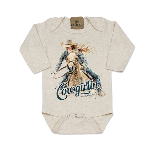 Cowgirlin' Infant Western One Piece Long Sleeve Romper Oatmeal