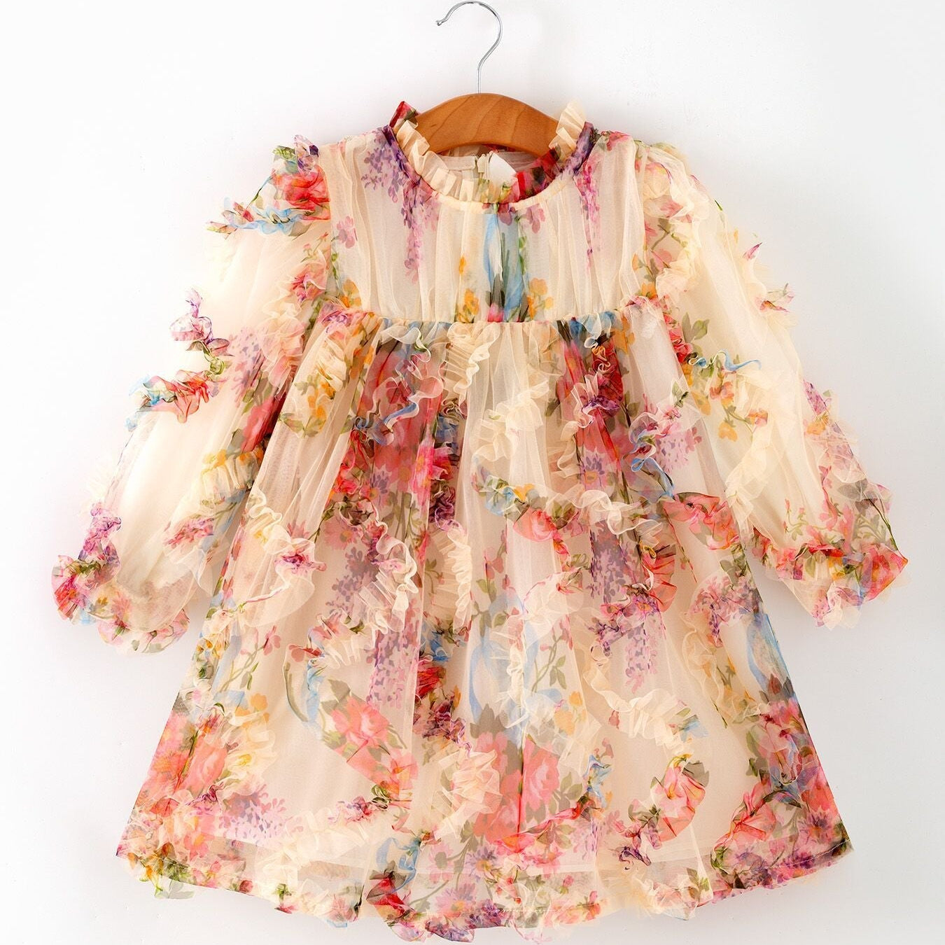 Pastel Flower Ruffle Layered Girls Dress