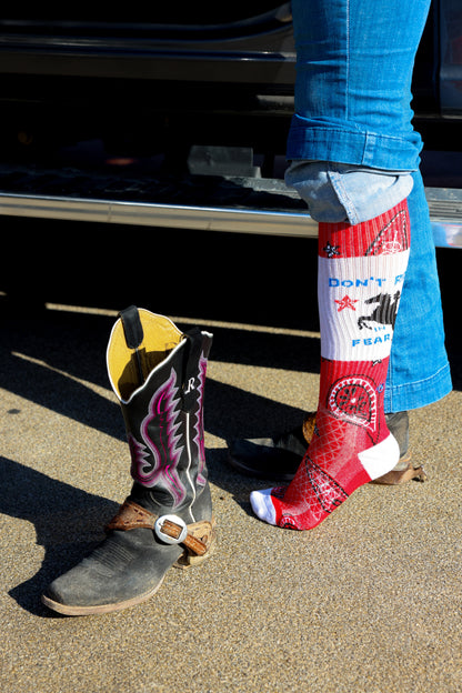 Don't Ride in Fear Red Paisley Bandana Western Cowgirl Performance Socks
