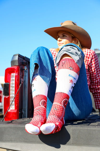 Don't Ride in Fear Red Paisley Bandana Western Cowgirl Performance Socks