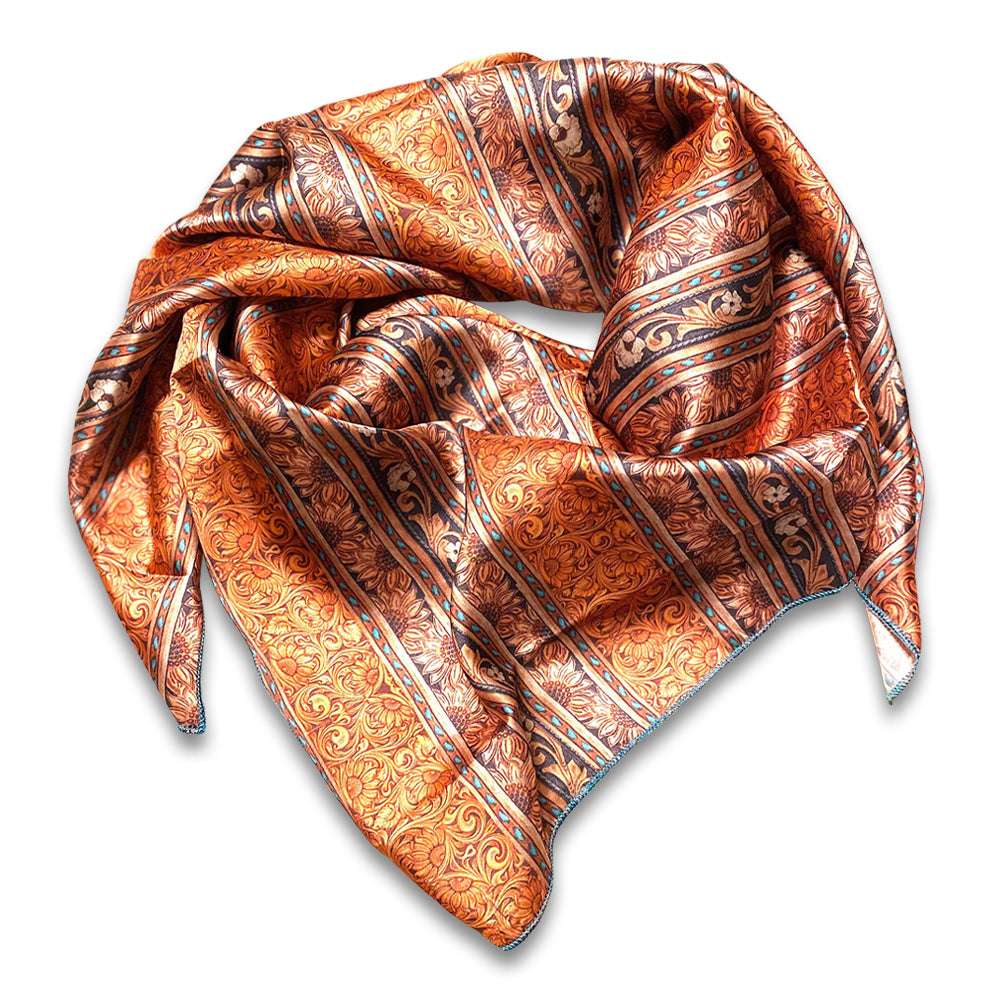 Elegant Tooled  Leather Wild Rags with Turquoise Buckstitch and Sunflowers in Orange Black Turquoise and Gold