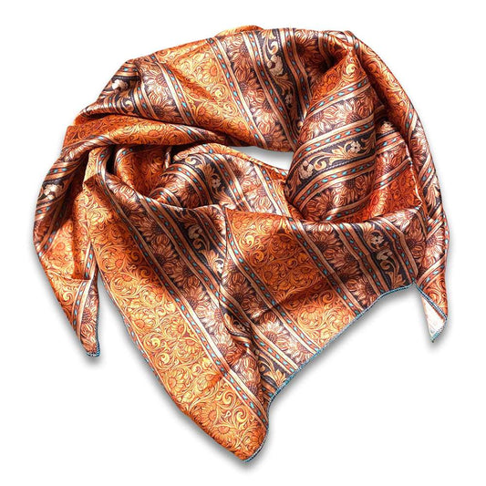 Elegant Tooled  Leather Wild Rags with Turquoise Buckstitch and Sunflowers in Orange Black Turquoise and Gold