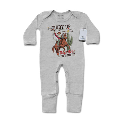 Giddy Up Jingle Horse Infant Western One-Piece Footed Christmas Pajamas W/Mittens Heather Gray