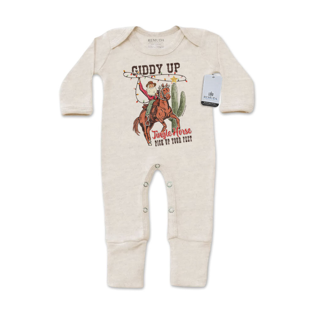 Giddy Up Jingle Horse Infant Western One-Piece Footed Christmas Pajamas W/Mittens Oatmeal