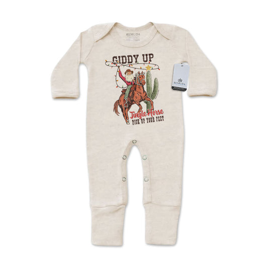 Giddy Up Jingle Horse Infant Western One-Piece Footed Christmas Pajamas W/Mittens Oatmeal