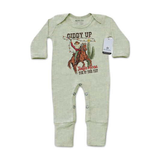 Giddy Up Jingle Horse Infant Western One-Piece Footed Christmas Pajamas W/Mittens Sage Green