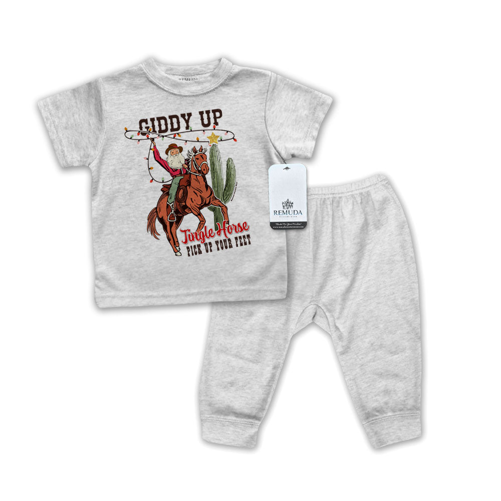 Giddy Up Jingle Horse Infant Western 2-Piece Sleepwear Pajamas Heather Gray