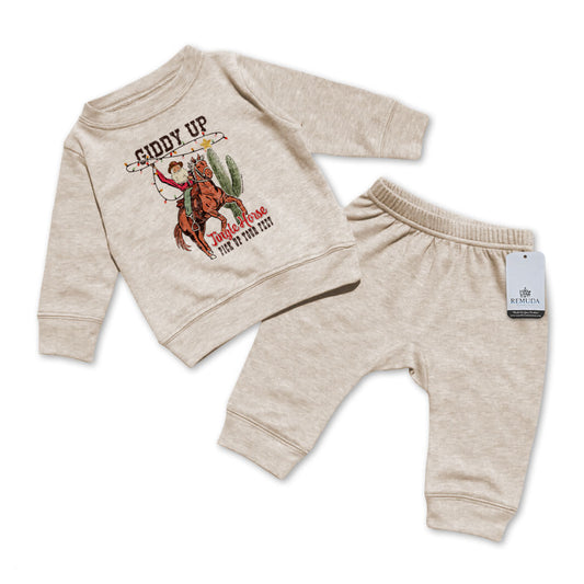 Giddy Up Jingle Horse Infant Western 2 Piece Christmas Sweatsuit Oatmeal