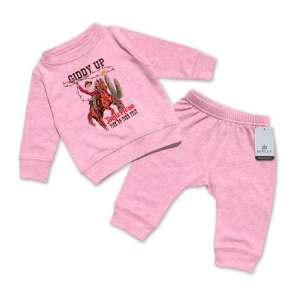 Giddy Up Jingle Horse Infant Western 2 Piece Christmas Sweatsuit Pink