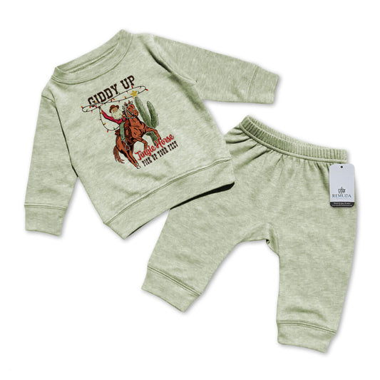 Giddy Up Jingle Horse Infant Western 2 Piece Christmas Sweatsuit Sage Green