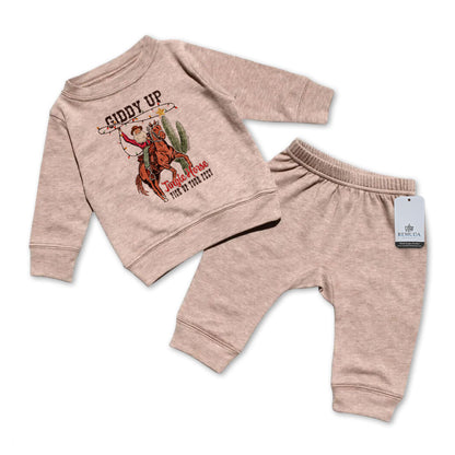 Giddy Up Jingle Horse Infant Western 2 Piece Christmas Sweatsuit Sandstone