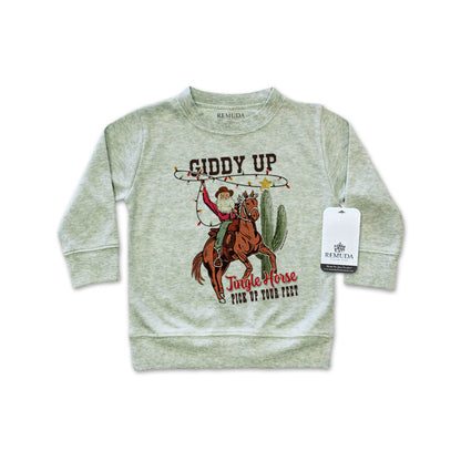 Giddy Up Jingle Horse Western Infant Long Sleeve Christmas Pullover Shirt Sage Green