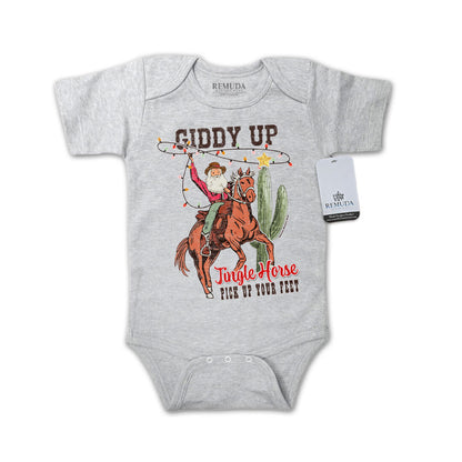 Giddy Up Jingle Horse Christmas Infant One Piece Short Sleeve Western Romper Heather Gray