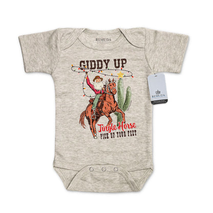 Giddy Up Jingle Horse Christmas Infant One Piece Short Sleeve Western Romper Oatmeal