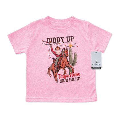 Giddy Up Jingle Horse Infant Kids Christmas Tee T-Shirt Pink