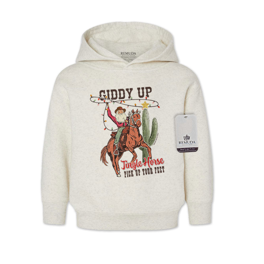 Giddy Up Jingle Horse Toddler Kids Western Christmas Pullover Hoodie Oatmeal