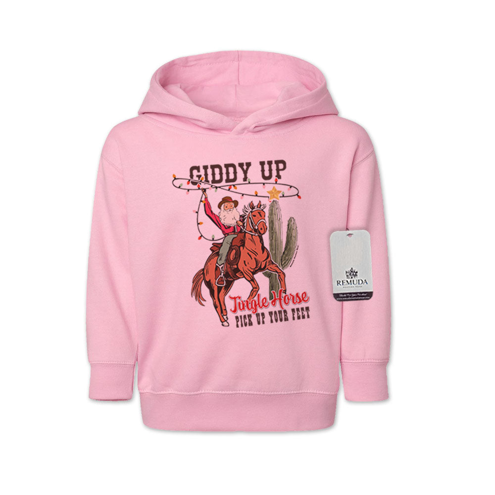 Giddy Up Jingle Horse Toddler Kids Western Christmas Pullover Hoodie Pink