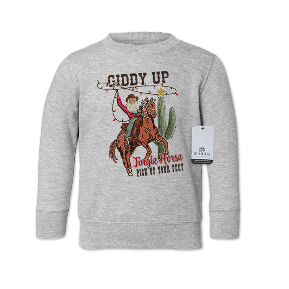 Giddy Up Jingle Horse Western Toddler Christmas Sweatshirt Heather Gray