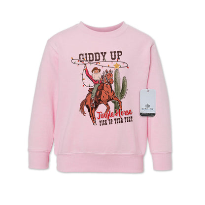 Giddy Up Jingle Horse Western Toddler Christmas Sweatshirt Pink