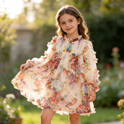 Young girl in a floral dress standing outdoors with greenery in the background