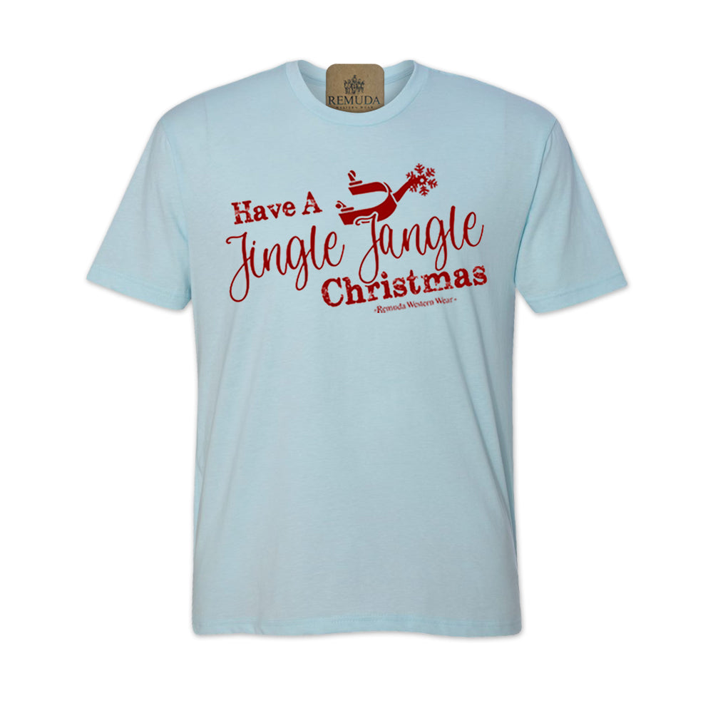 Have A Jingle Jangle Christmas Spur Adult Western Short Sleeve Christmas Tee T-Shirt in the color Ice Blue