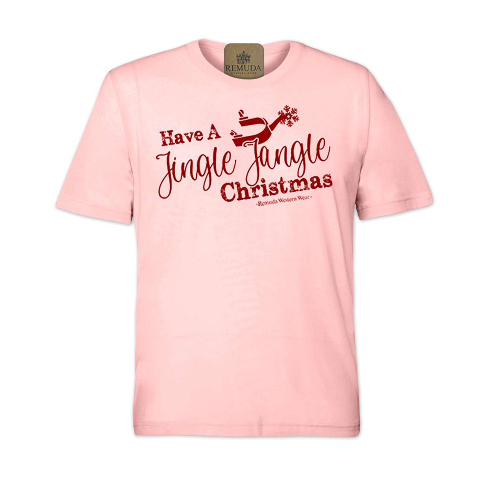 Have A Jingle Jangle Christmas Spur Adult Western Short Sleeve Christmas Tee T-Shirt in the color Light Pink