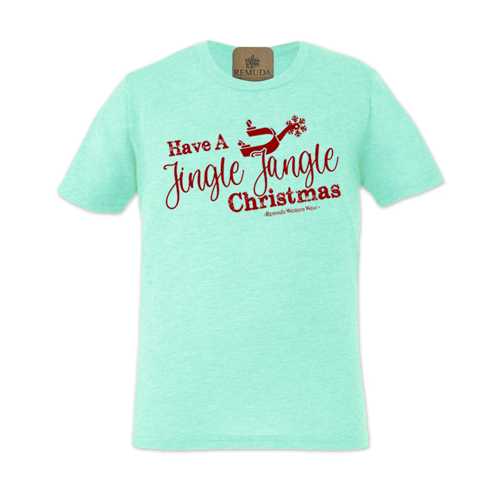 Have A Jingle Jangle Christmas Spur Adult Western Short Sleeve Christmas Tee T-Shirt in the color Turquoise