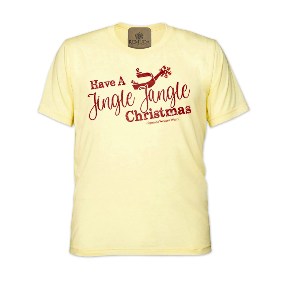 Have A Jingle Jangle Christmas Spur Adult Western Short Sleeve Christmas Tee T-Shirt in the color Light Yellow