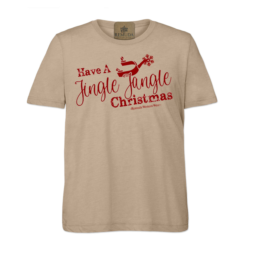 Have A Jingle Jangle Christmas Spur Adult Western Short Sleeve Christmas Tee T-Shirt in the color Tan