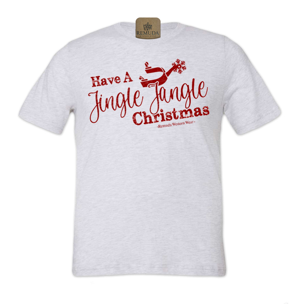 Have A Jingle Jangle Christmas Spur Adult Western Short Sleeve Christmas Tee T-Shirt in the color White Fleck