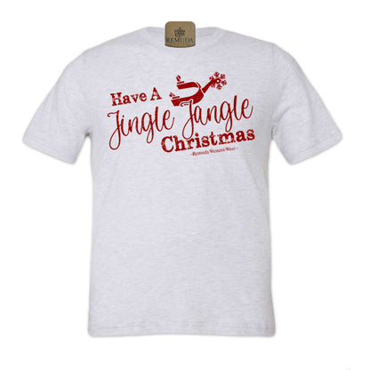 Have A Jingle Jangle Christmas Spur Adult Western Short Sleeve Christmas Tee T-Shirt in the color White Fleck