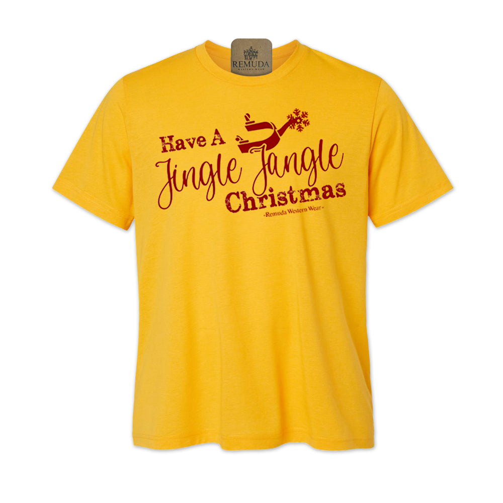 Have A Jingle Jangle Christmas Spur Adult Western Short Sleeve Christmas Tee T-Shirt in the color Mustard Yellow