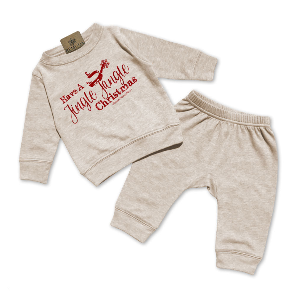 Have A Jingle Jangle Christmas Spur  Infant Western two piece sweatsuit in the color Oatmeal