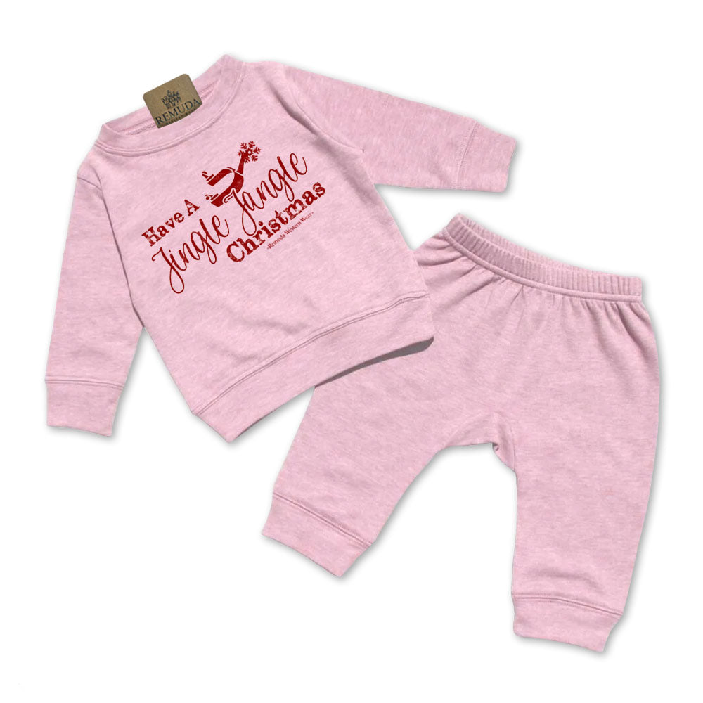 Have A Jingle Jangle Christmas Spur  Infant Western two piece sweatsuit in the color Light Pink