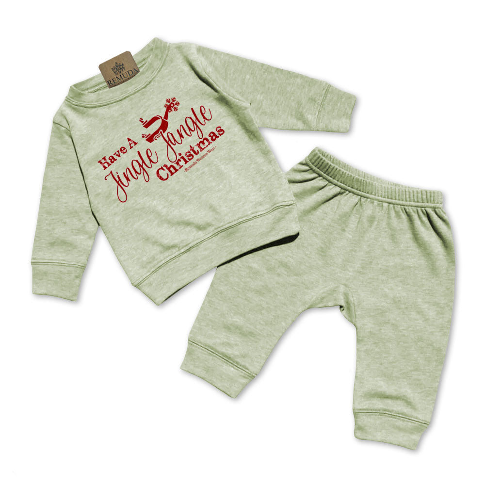 Have A Jingle Jangle Christmas Spur  Infant Western two piece sweatsuit in the color Sage Green