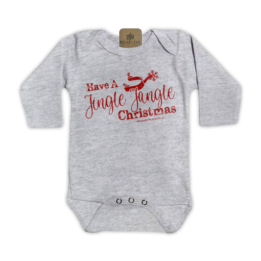 Have A Jingle Jangle Christmas Spur  Infant Western Santa Long sleeve Onesie in the color grey