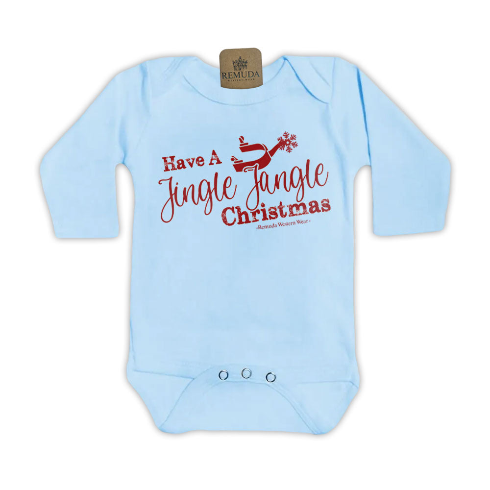 Have A Jingle Jangle Christmas Spur  Infant Western Santa Long sleeve Onesie in the color Light Blue