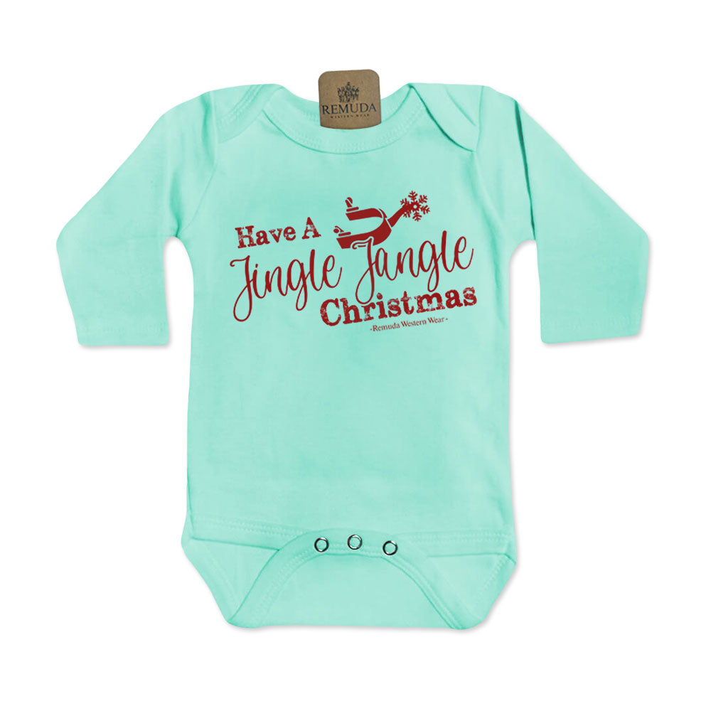 Have A Jingle Jangle Christmas Spur  Infant Western Santa Long sleeve Onesie in the color Turquoise