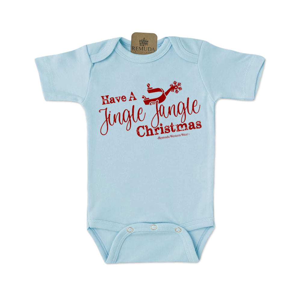 Have A Jingle Jangle Christmas Spur  Infant Western Santa short sleeve Onesie in the color Light Blue