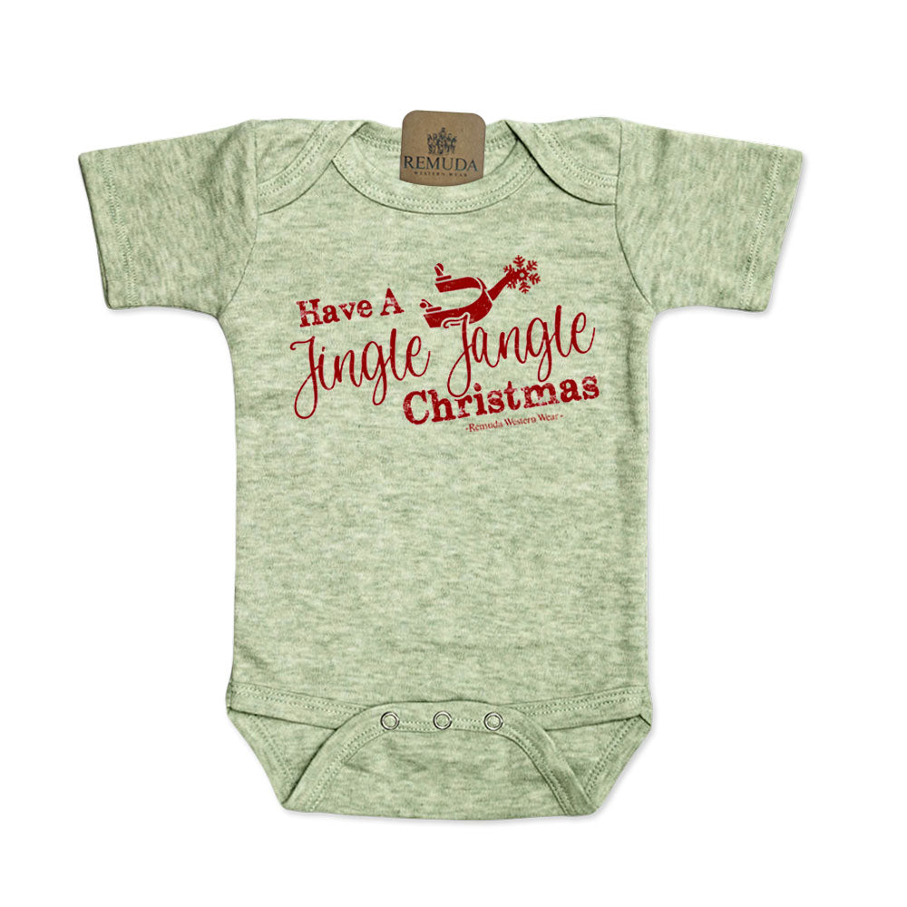 Have A Jingle Jangle Christmas Spur  Infant Western Santa short sleeve Onesie in the color Sage Green