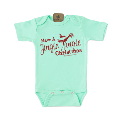 Have A Jingle Jangle Christmas Spur  Infant Western Santa short sleeve Onesie in the color Turquoise