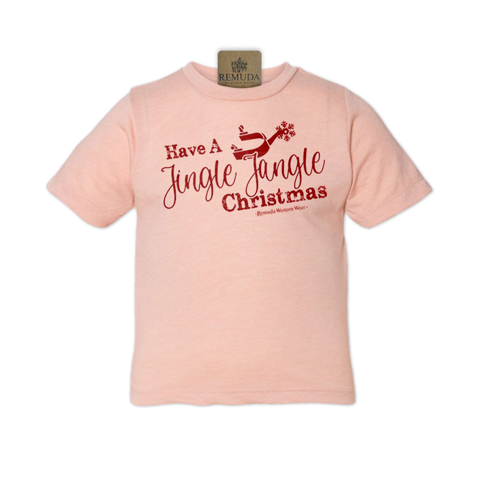 Have A Jingle Jangle Christmas Spur Toddler Western Short Sleeve Tee in the color Peach