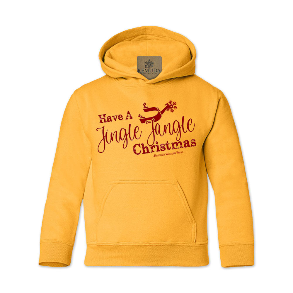 Have A Jingle Jangle Christmas Youth Western Spur Pullover Hoodie in the color Mustard Yellow