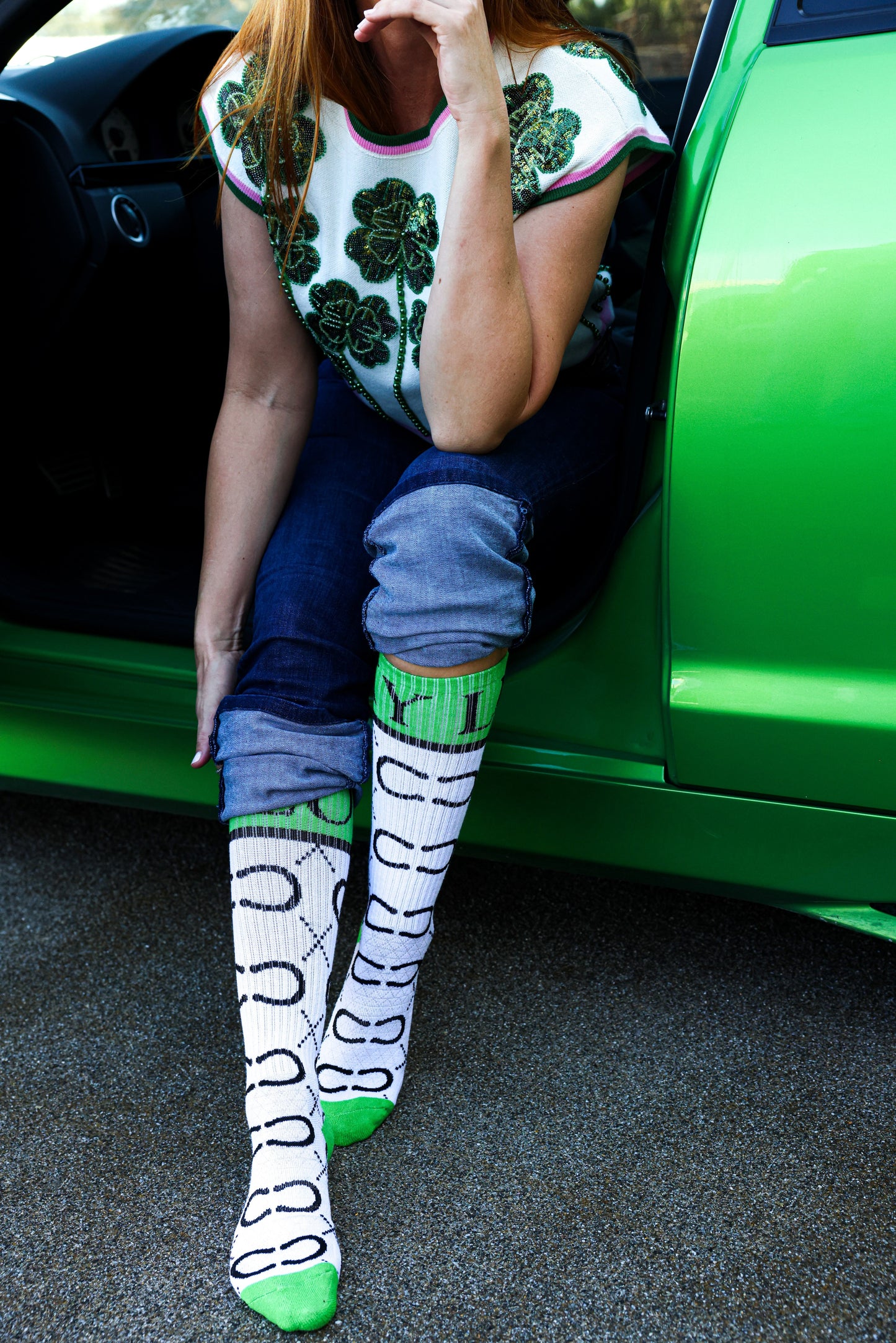 High Maintenance Cowgirl Lucky Horseshoe Kelly Green/ White Performance Boot Socks