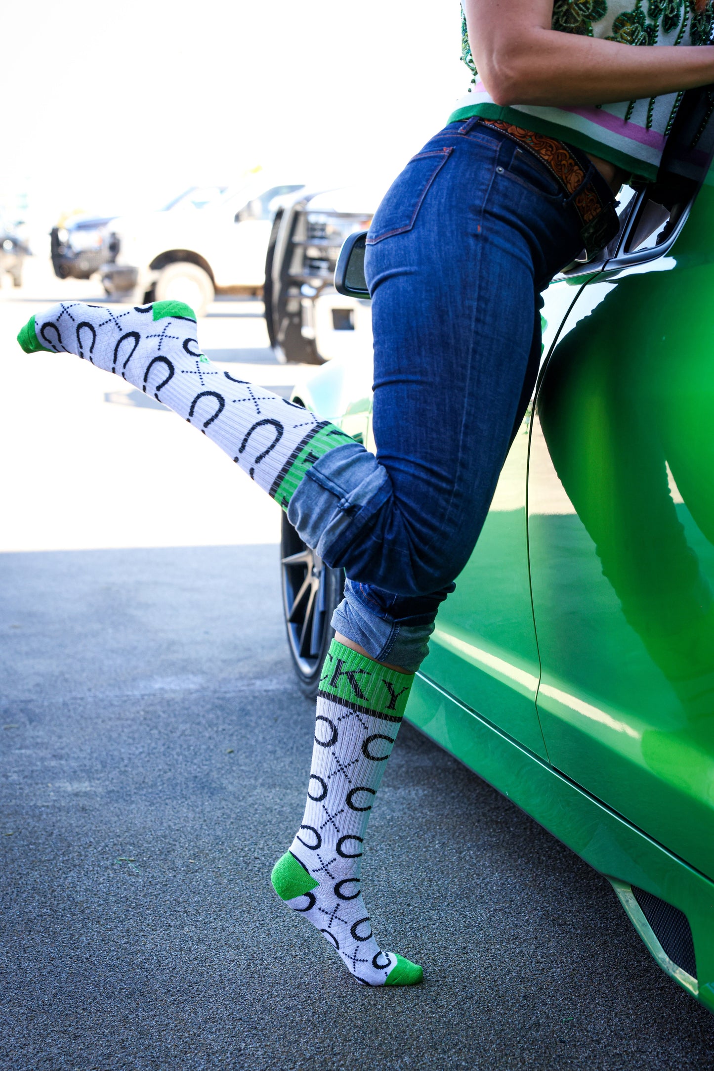 High Maintenance Cowgirl Lucky Horseshoe Kelly Green/ White Performance Boot Socks