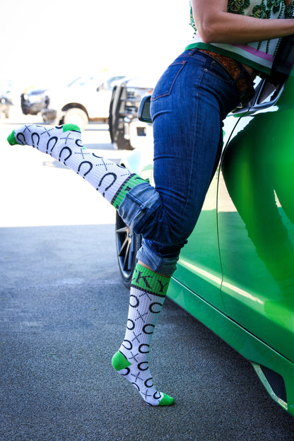 High Maintenance Cowgirl Lucky Horseshoe Kelly Green/ White Performance Boot Socks
