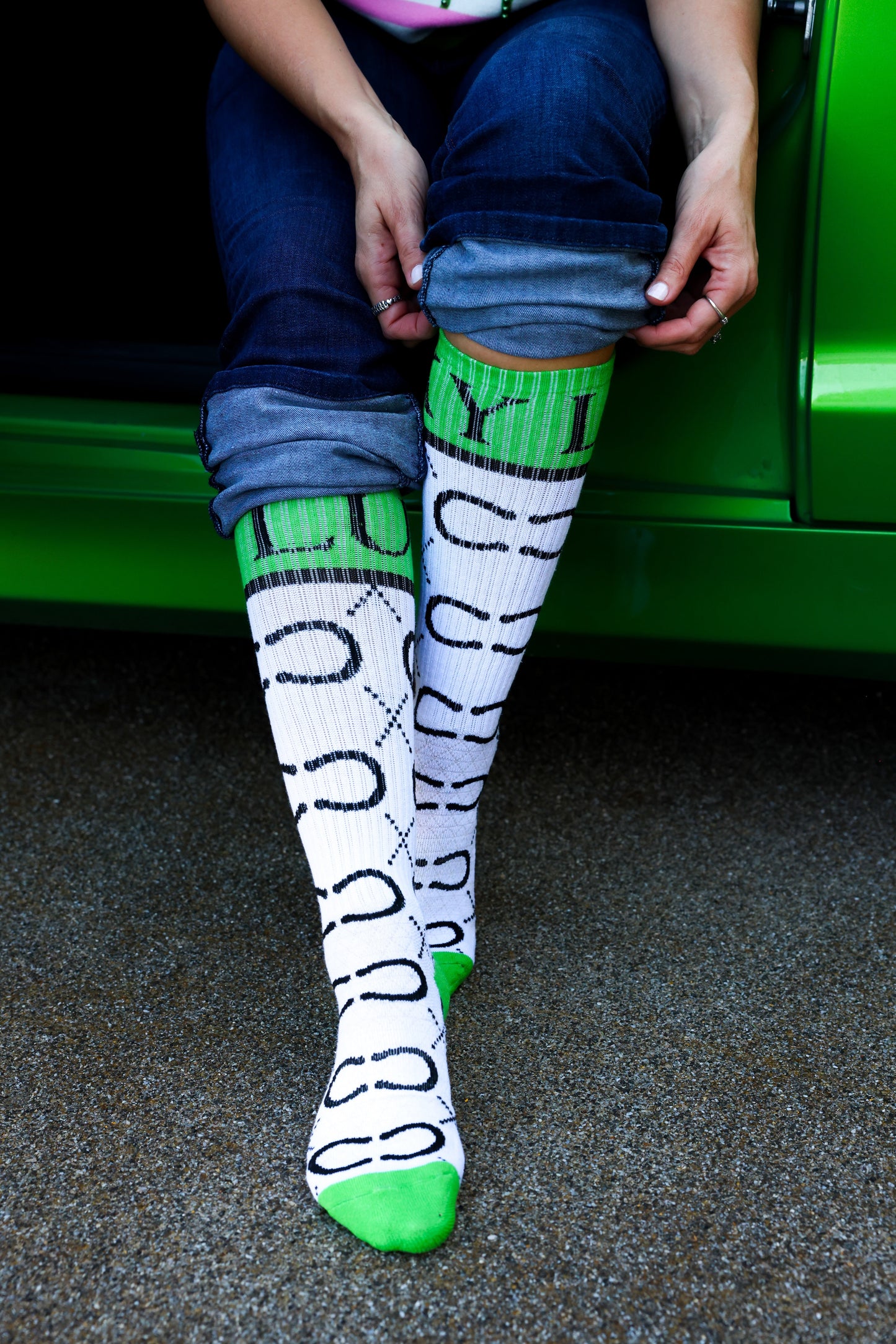 High Maintenance Cowgirl Lucky Horseshoe Kelly Green/ White Performance Boot Socks