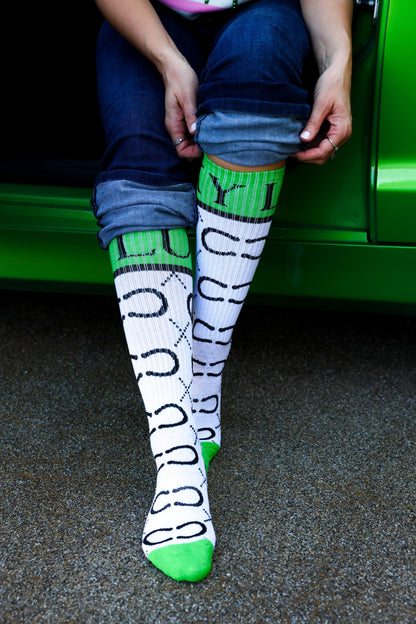 High Maintenance Cowgirl Lucky Horseshoe Kelly Green/ White Performance Boot Socks