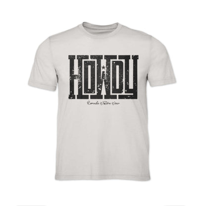 A western adult t-shirt with the word Howdy on the front. A great trendy tee for western wear, ranch wear, rodeo wear, or even a night out on the town for any cowboy or cowgirl.